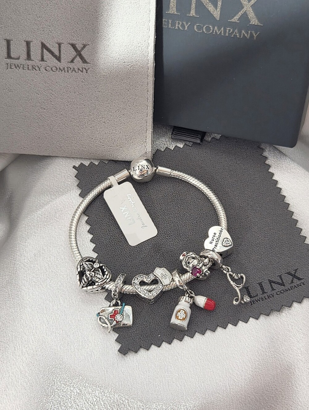 Linx Snake Chain Bracelet with Nurse Practitioner Charms 925 sterling silver